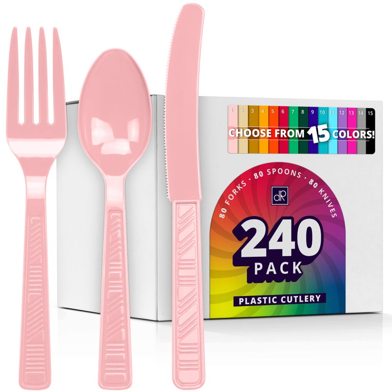 DecorRack Plastic Cutlery Set Pink Colored Plastic Silverware Sets for Parties 240 Piece Bulk Heavy Duty Utensils Pink 240 Pieces